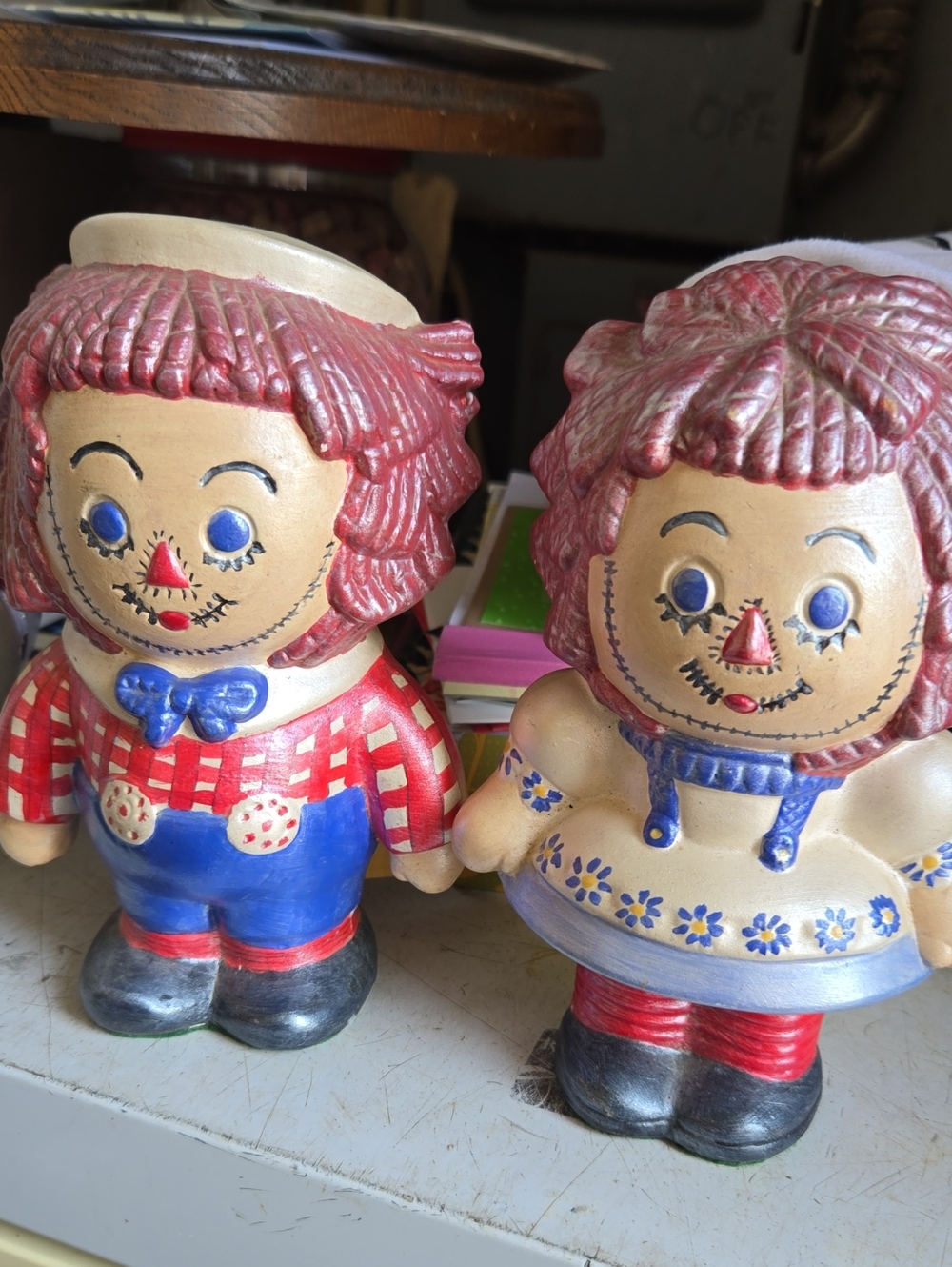 Raggedy Doll Ceramic Figurine Set - Red and Blue